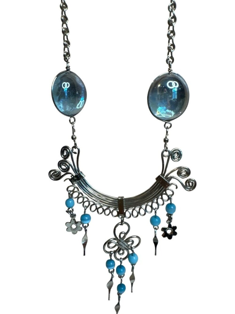 Handcrafted Necklace Silver Tone Blue Beaded Statement Floral Artsy Hippie